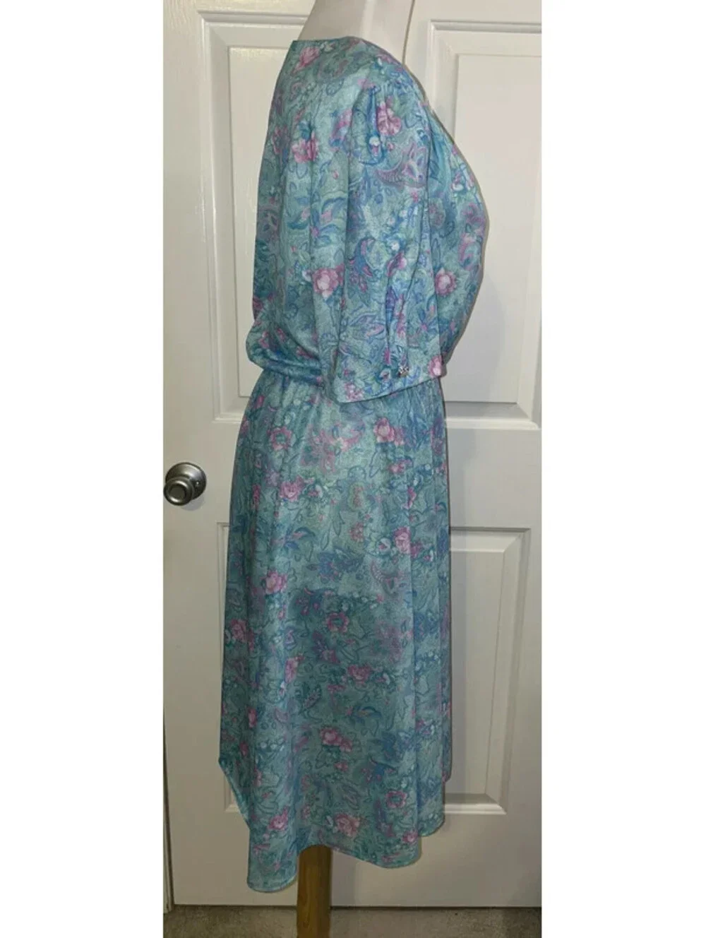 Vintage California Looks Floral Dress Teal Blue Pink Size 8 Petite USA Made
